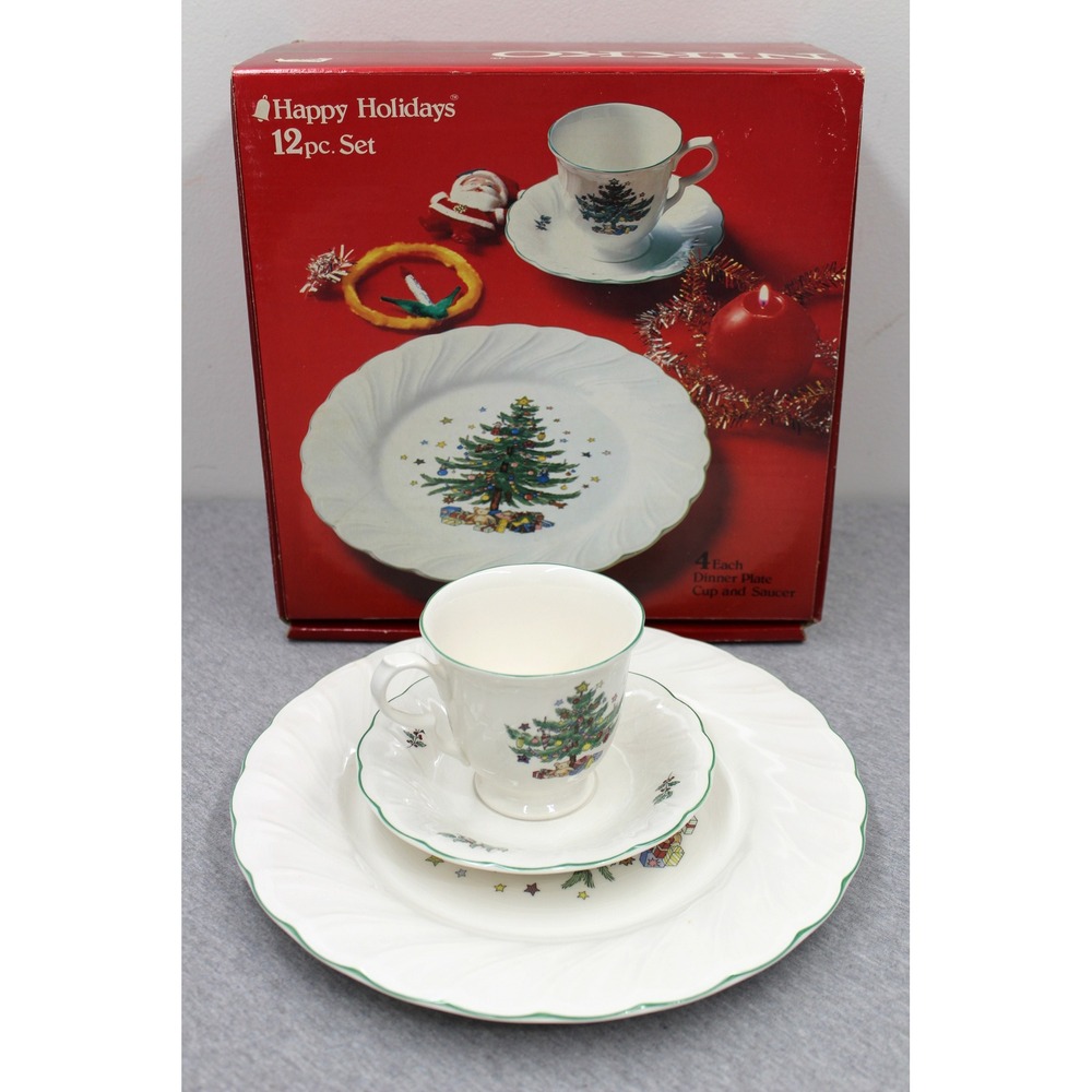 Nikko 12pc Set White Happy Holidays Christmas Tree Swirl Dinnerware Decor